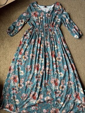 Floral Teal Long Sleeve Maxi Dress